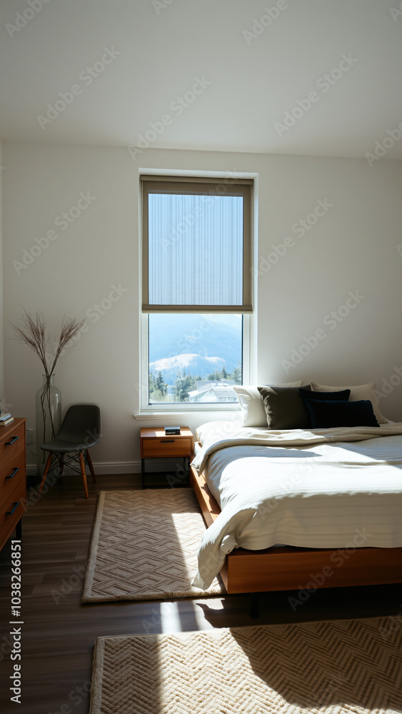 Fototapeta premium minimalist bedroom with a mountain view