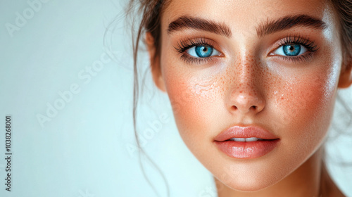 Extreme close-up shot of good-looking young woman puts skin care serum on her cheek from dropper on white background