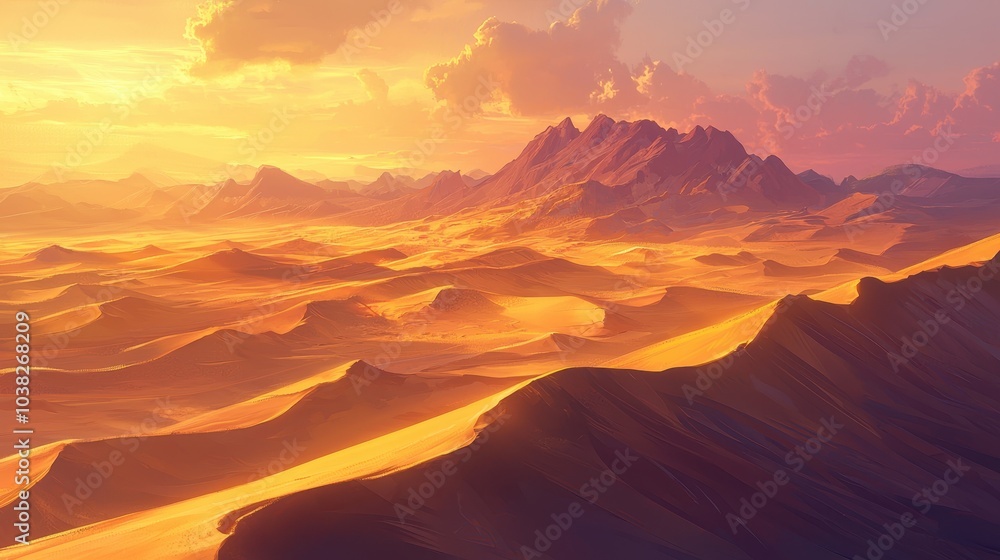 Naklejka premium Golden Sand Dunes Beneath Majestic Desert Sky