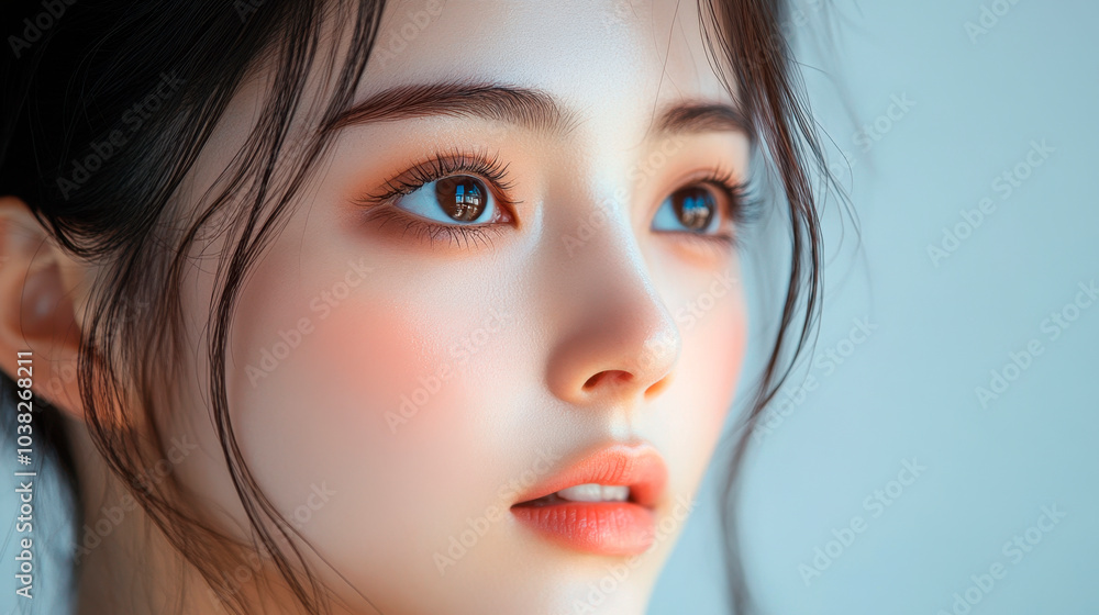 Extreme close-up shot of good-looking young woman puts skin care serum on her cheek from dropper on white background Extreme close-up shot of good-looking young woman puts skin care serum on her cheek from dropper on white background
