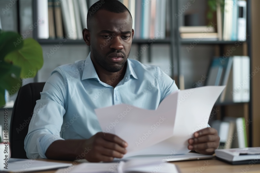 Focused African American businessman reviewing important documents in a modern office during the afternoon hours Focused African American businessman reviewing important documents in a modern office during the afternoon hours