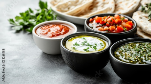 Vibrant Eastern Sauces and Dips on Traditional Table