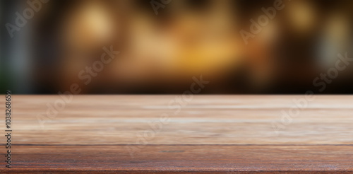 Fotografie A smooth, warm restaurant background with an empty wooden tabletop, ideal for fo