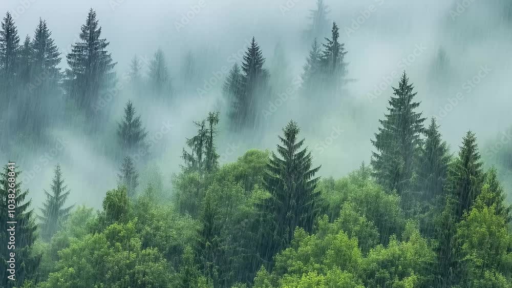 Forest landscape in rainy weather Forest landscape in rainy weather