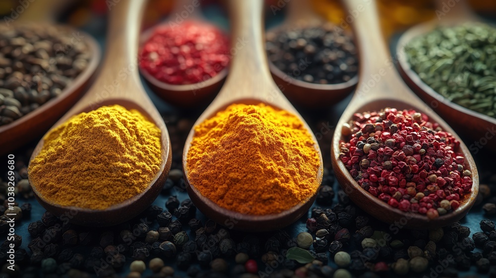 Colorful Spices in Spoons on Dark Background Colorful Spices in Spoons on Dark Background