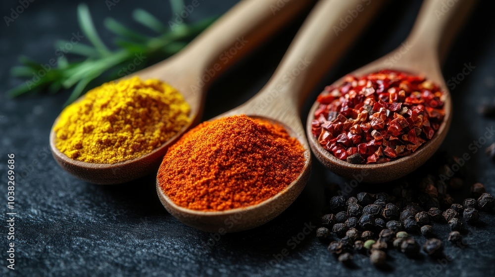Colorful Spices in Spoons on Dark Background Colorful Spices in Spoons on Dark Background