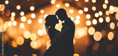 Silhouette of a couple embracing in front of a warm, blurred bokeh background of lights.