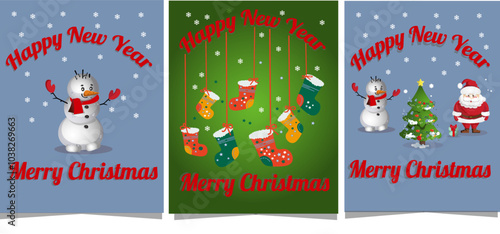 christmas card with snowman, set card, soks , snowman, santa ,merry christmas ,happy new year,blue, green tree