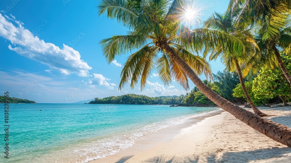 Tropical Beach with Calm Turquoise Waters and Palm Trees Tropical Beach with Calm Turquoise Waters and Palm Trees