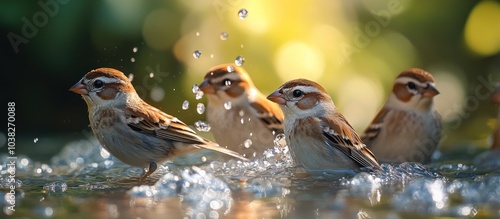 Sparrows Bathing in a Bird Bath photo