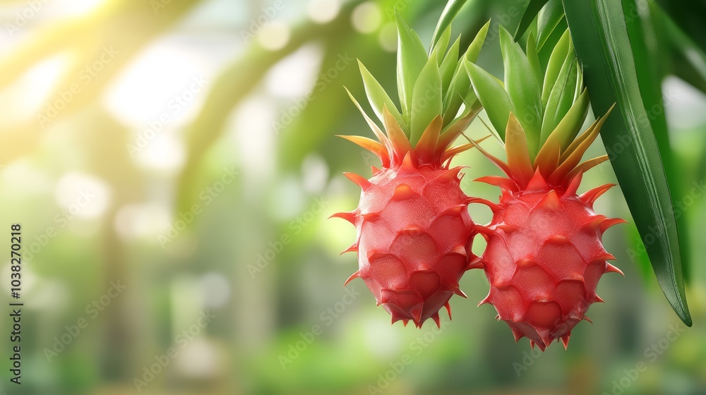 Red pineapples growing on green leaves with soft sunlight in the background. Red pineapples growing on green leaves with soft sunlight in the background.