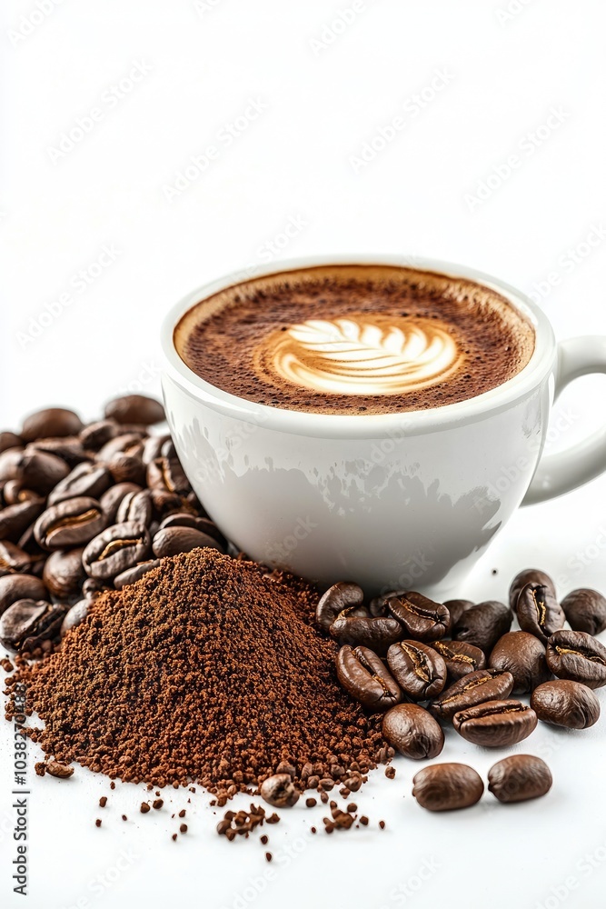 cup of coffee and coffee beans on a white background. selective focus cup of coffee and coffee beans on a white background. selective focus
