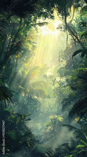 Dense Rainforest with Towering Trees and Misty Atmosphere photo