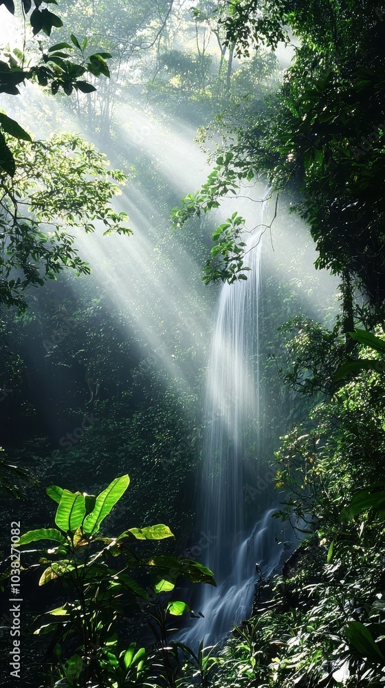 Serene Tropical Rainforest with Towering Waterfall Serene Tropical Rainforest with Towering Waterfall