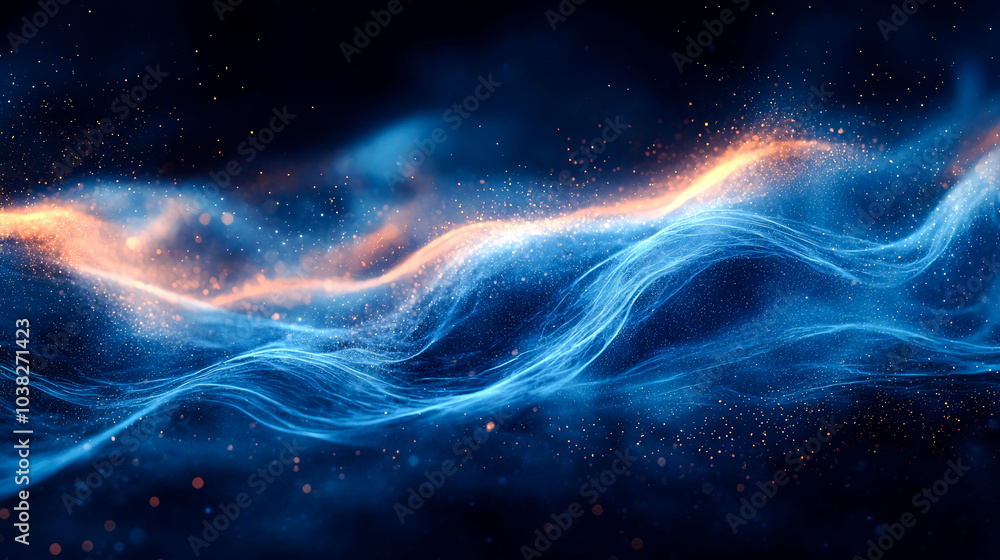 Abstract blue and orange wave with glowing particles on dark background. Abstract blue and orange wave with glowing particles on dark background.