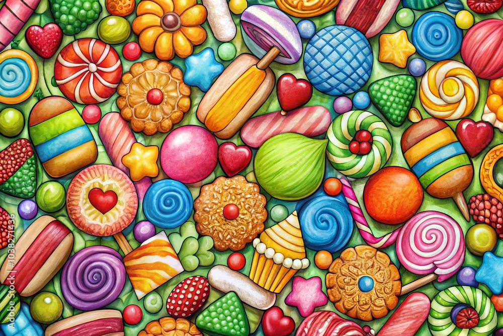 Fototapeta premium Colorful Hand-Drawn Doodle Candy Pattern on White Background, Sweet Treats Illustration for Backgrounds, Textiles, and Digital Designs, Perfect for Kids and Sweet Lovers