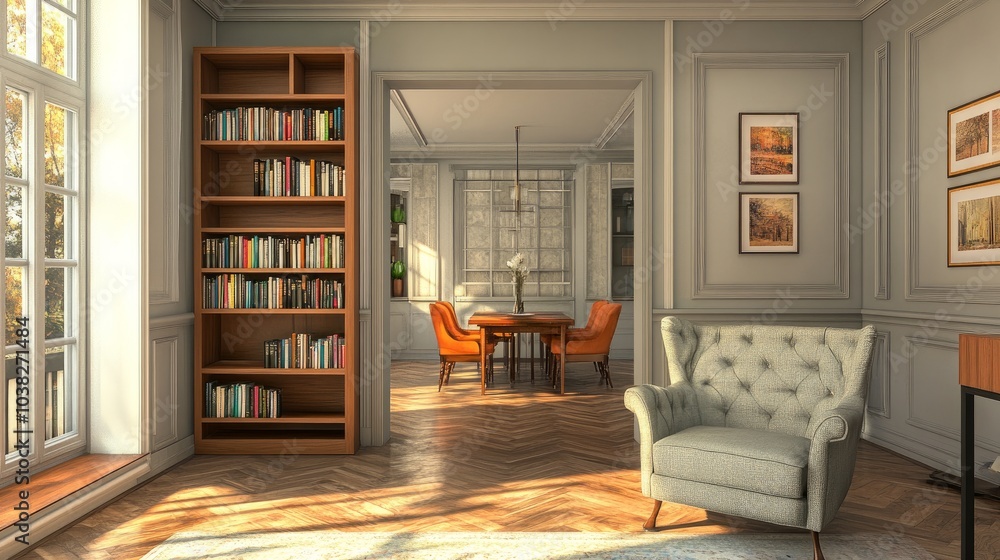 A living room with a bookshelf, an upholstered armchair, and a door leading to a dining room A living room with a bookshelf, an upholstered armchair, and a door leading to a dining room