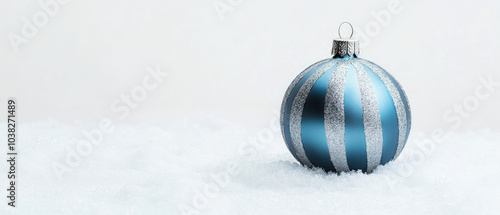 Ultrawide Blank Snowy Background With Chrismas Blue And Silver Tree Decoration Isolated On Side photo