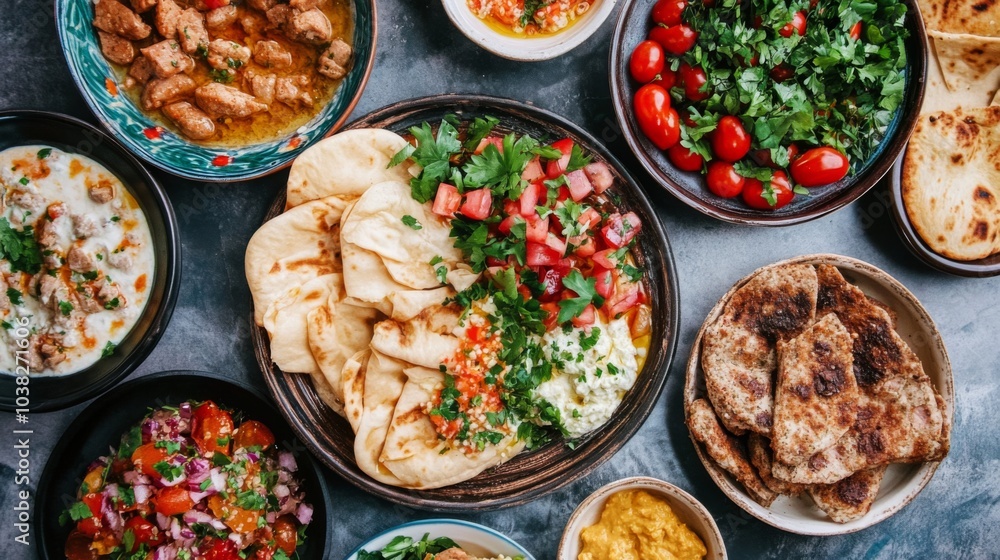Vibrant Mezze Platters in Traditional Table Setting Vibrant Mezze Platters in Traditional Table Setting