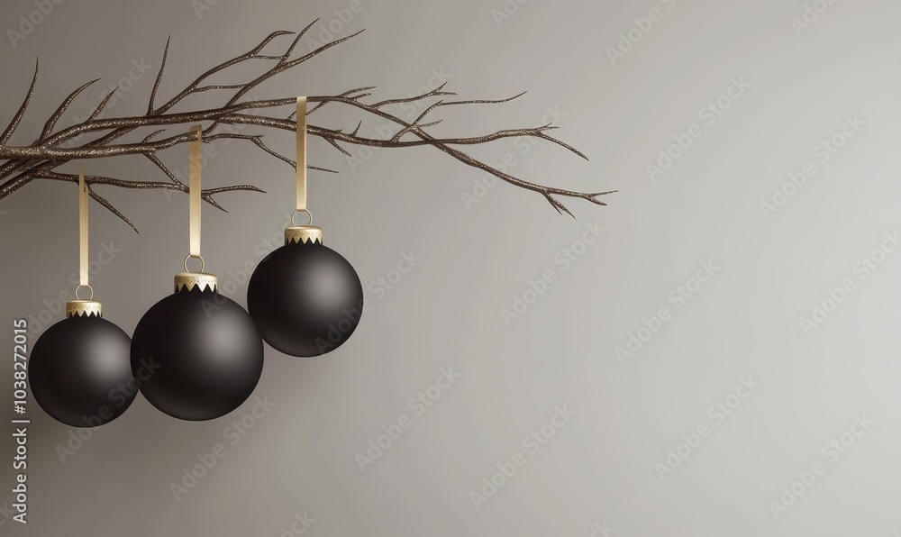 Elegant black and gold Christmas ornaments hanging on a sleek metal branch, with soft shadows. illustration. Elegant black and gold Christmas ornaments hanging on a sleek metal branch, with soft shadows. illustration.