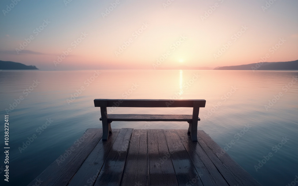 Empty Bench Overlooking Calm Sea at Sunrise Empty Bench Overlooking Calm Sea at Sunrise
