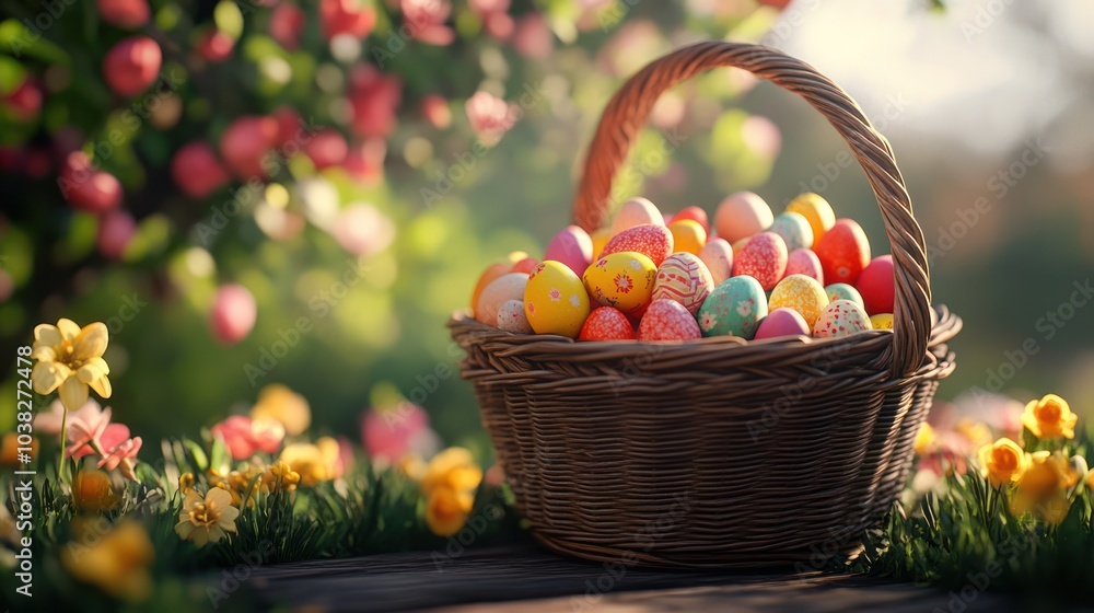 A wicker basket overflowing with colorful Easter eggs sits on a wooden table in a blooming garden. A wicker basket overflowing with colorful Easter eggs sits on a wooden table in a blooming garden.
