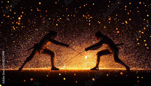 Two fencers engage in an intense duel, their swords clashing amidst a shower of sparks, illustrating the beauty and energy of competitive fencing in a mesmerizing display.