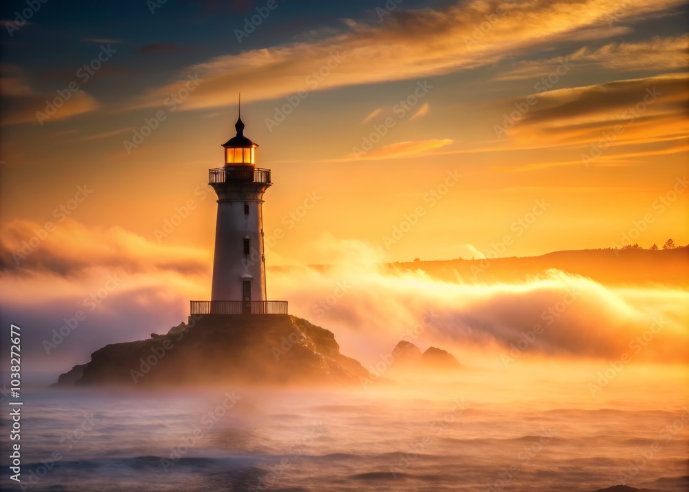 Enchanting Lighthouse in Fog: Scenic Shoreline Landscape with Majestic Lighthouse Overlooking Misty Ocean, Serene Atmosphere, Coastal Beauty, Nature's Tranquility Enchanting Lighthouse in Fog: Scenic Shoreline Landscape with Majestic Lighthouse Overlooking Misty Ocean, Serene Atmosphere, Coastal Beauty, Nature's Tranquility