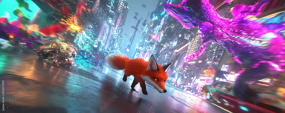 A red fox walks through a neon city with a purple and blue glow. A red fox walks through a neon city with a purple and blue glow.
