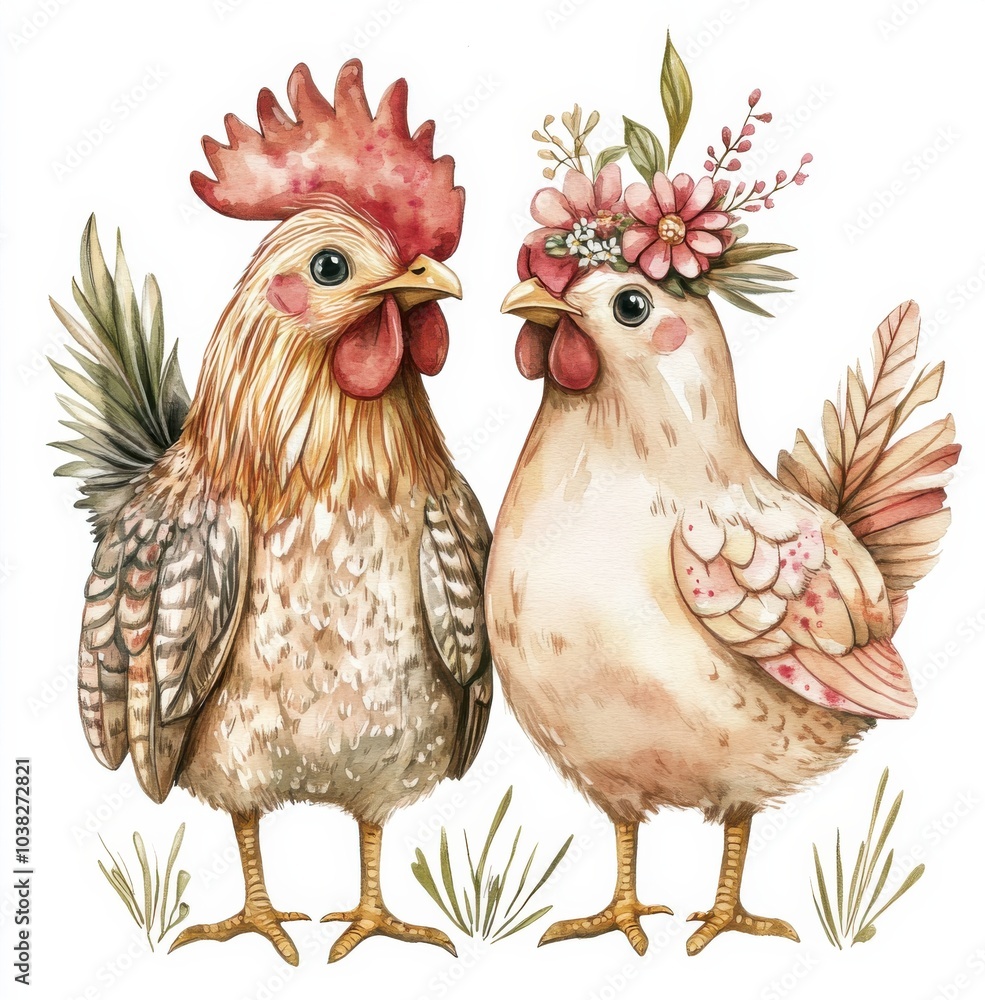 Fototapeta premium A charming rooster and hen adorned with floral accents in a whimsical garden setting
