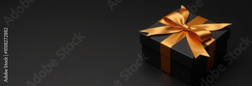 Black gift box with a golden ribbon on a dark background, with space for text, ideal for Black Friday banners, luxury celebrations, or branding