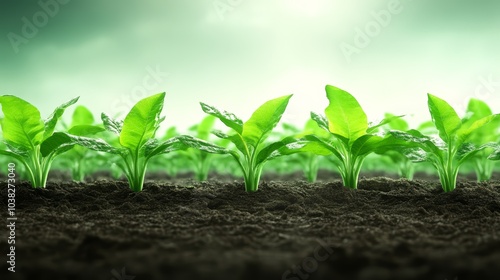 Row of vibrant green plant leaves growing in rich, dark soil against a soft background.