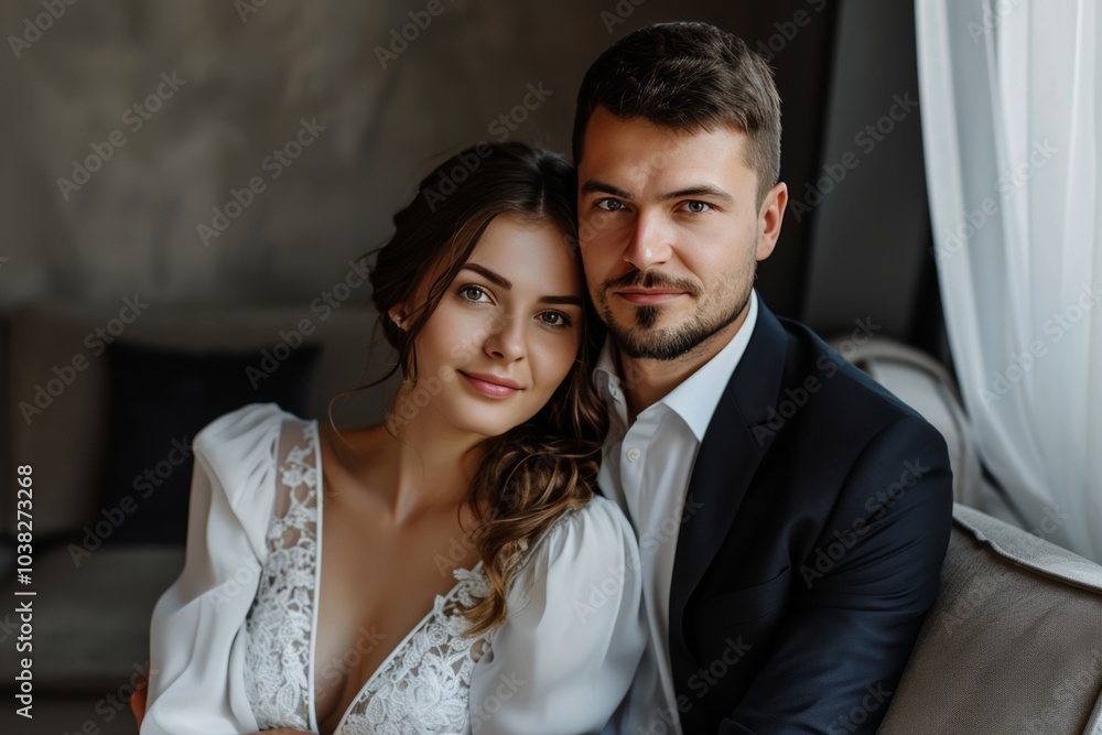 A joyful young couple celebrating their love moments after saying \'I do\' in a cozy indoor setting during golden hour A joyful young couple celebrating their love moments after saying \'I do\' in a cozy indoor setting during golden hour