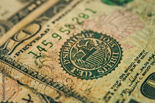 Close up of the seal of the federal reserve system printed on a ten dollar bill showing the concept of finances