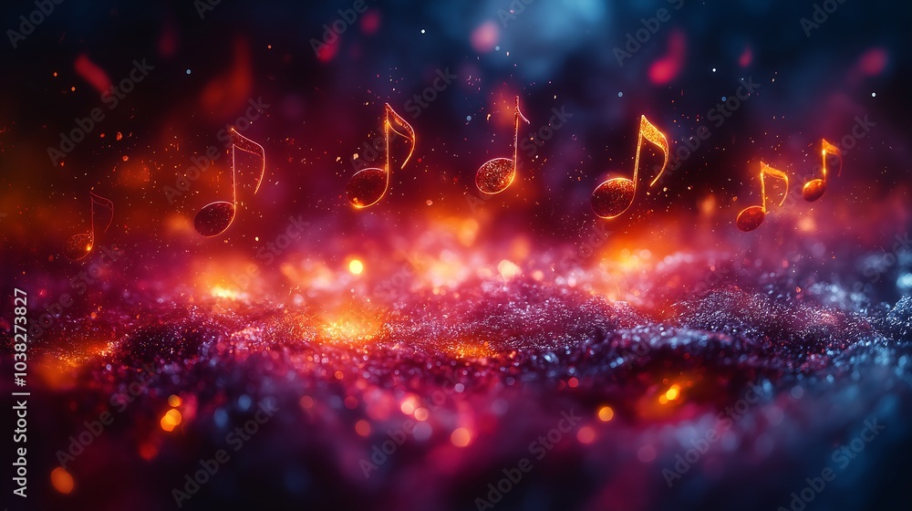 Fototapeta premium Musical notes and instruments float in the air above the concert venue