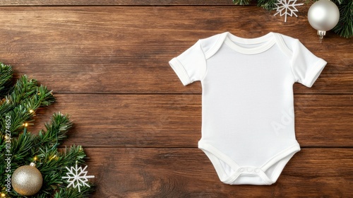 White baby onesie on wooden table with Christmas decorations. photo