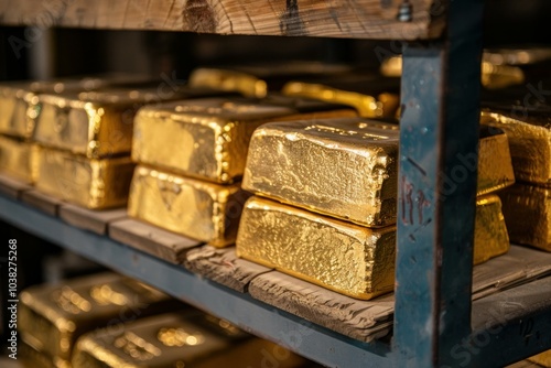 Large gold bars are stacked on a shelf in a vault, gleaming under spotlights