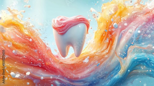 Fun dynamic illustration of a toothpaste tube with a playful toothshaped toothpaste swirl emphasizing the dental brushing concept surrounded by cheerful colors that evoke a sense of health and care photo