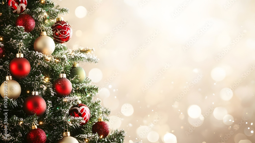 Decorated Christmas Tree with Ornaments and Lights Against a Blurry Background Decorated Christmas Tree with Ornaments and Lights Against a Blurry Background