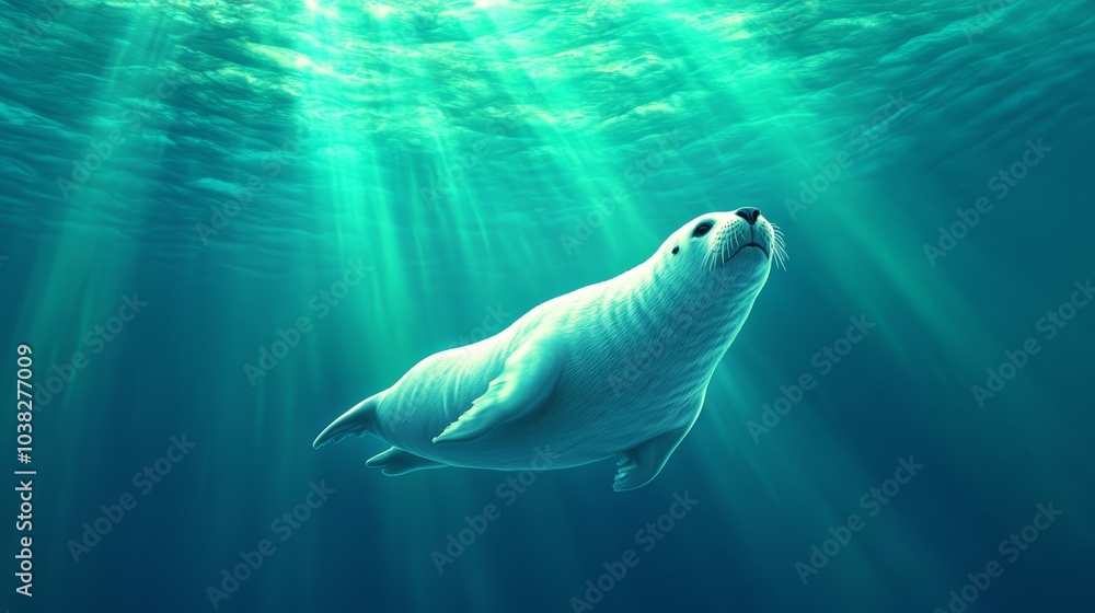 Fototapeta premium Seal swimming gracefully in blue water, surrounded by sunbeams.