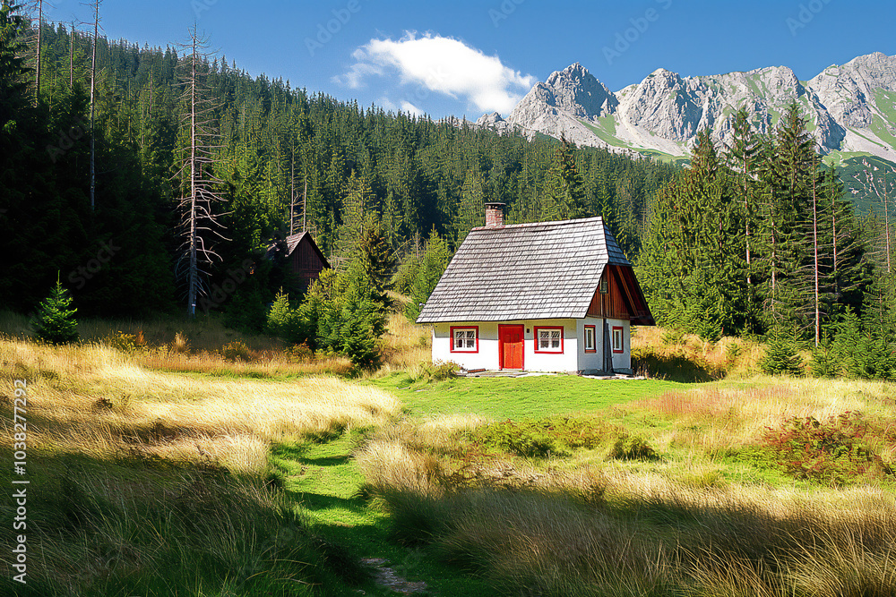landscape in the mountains with small house surrounded by grass and trees, mountains in the background, photorealistic landscape in the mountains with small house surrounded by grass and trees, mountains in the background, photorealistic