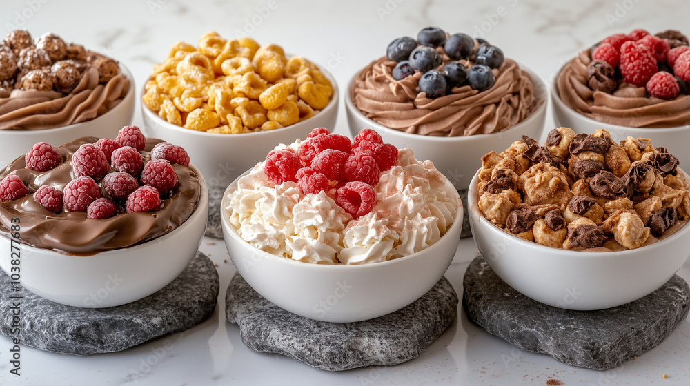 Cereal Box and Bowl on a Table with Five Tiramisu Desserts Cereal Box and Bowl on a Table with Five Tiramisu Desserts