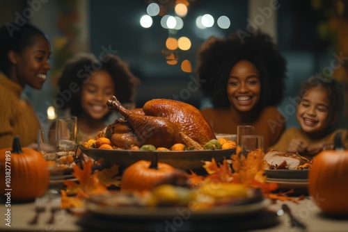 On Thanksgiving Day,A heartwarming family dinner scene with a delicious turkey as the centerpiece.  There are pumpkins adding a touch of autumn charm with a variety of delicious food.    photo