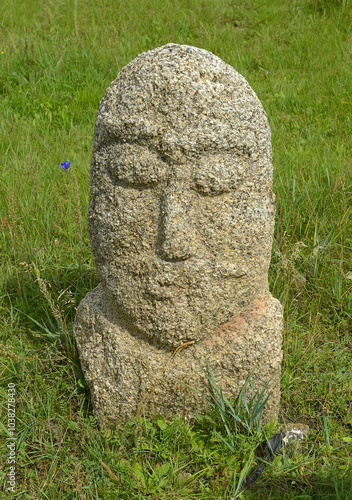 Obraz na płótnie Stone statue, VI-VIII centuries, Turkic period - The grounds of the Manzushir Monastery located in the south of protected Bogd Khan Mountain, 8 km northeast of Zuunmod town, Mongolia w salonie