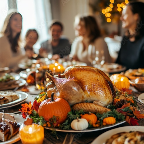 On Thanksgiving Day,A heartwarming family dinner scene with a delicious turkey as the centerpiece.  There are pumpkins adding a touch of autumn charm with a variety of delicious food.    photo