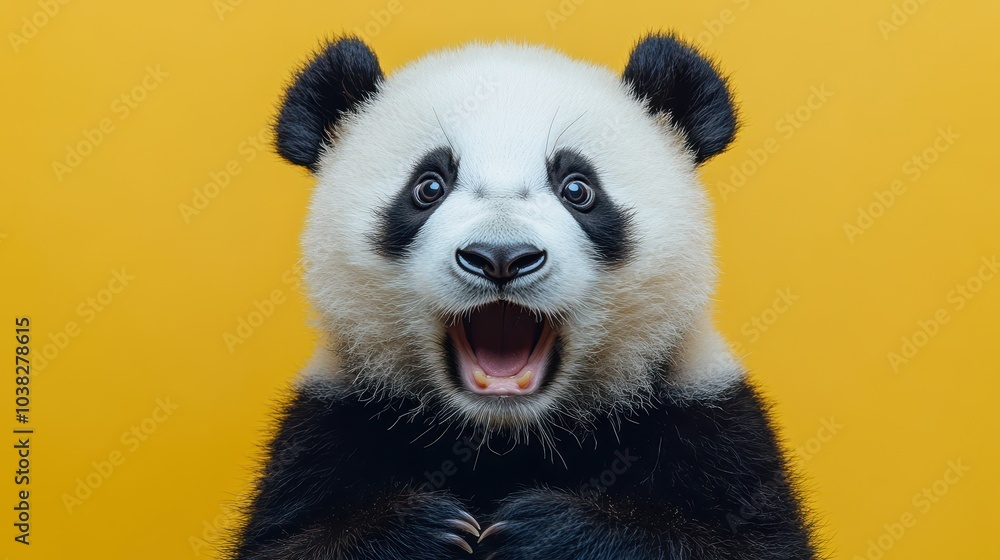 Panda looking surprised, reacting amazed, impressed, standing over yellow background Panda looking surprised, reacting amazed, impressed, standing over yellow background