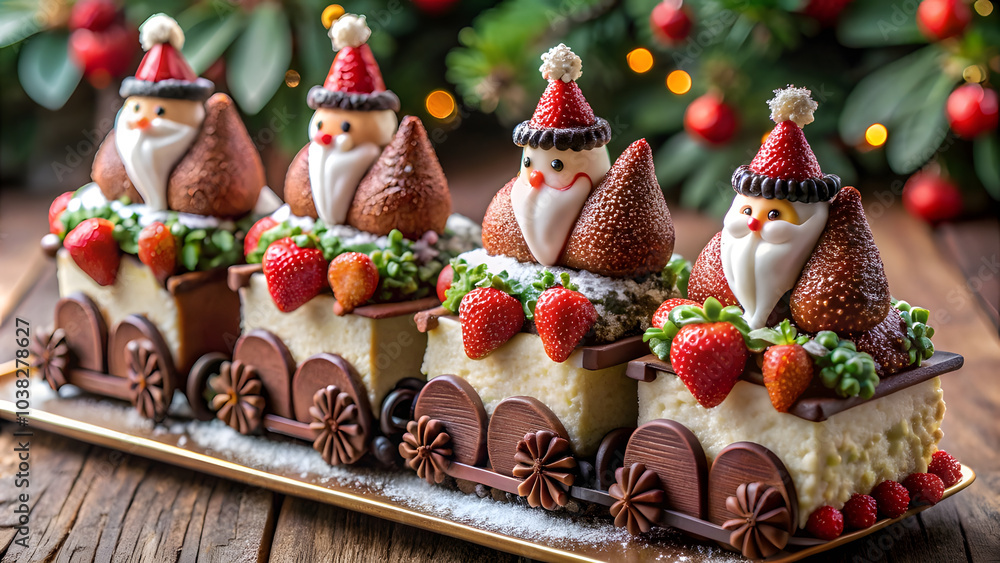 Obraz premium Christmas Train Cake with Strawberries and Chocolate Santas. Perfect for: Christmas, winter holidays, children's parties