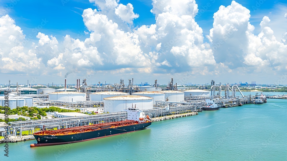Oil Terminal: A harbor scene with tankers docked at an oil terminal. Pipes connect the ships to storage tanks onshore. Oil Terminal: A harbor scene with tankers docked at an oil terminal. Pipes connect the ships to storage tanks onshore.