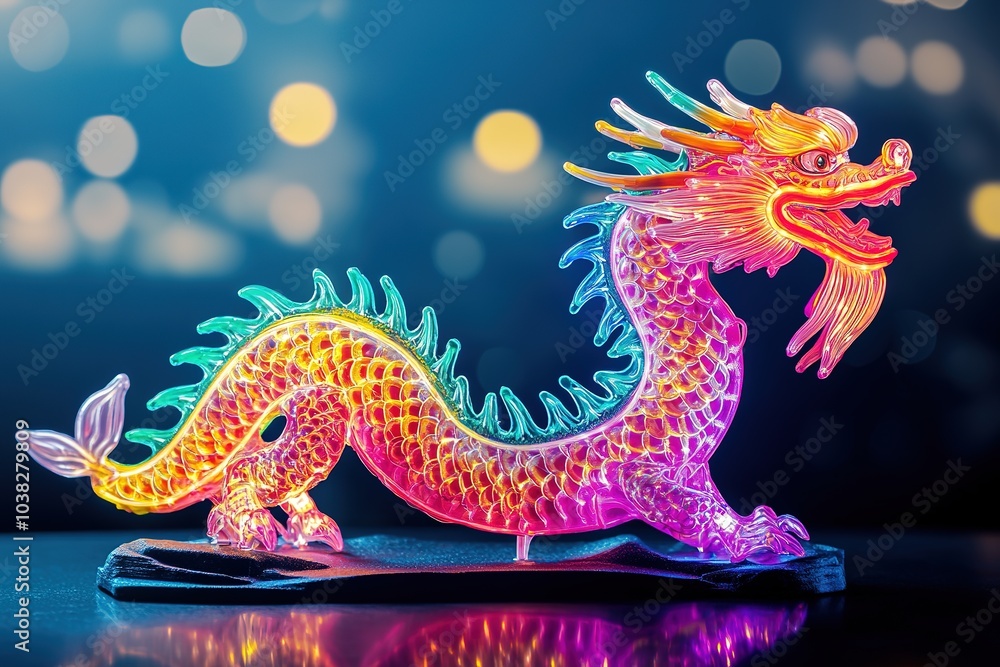 Illuminated neon dragon statue with vibrant colors on dark backd Illuminated neon dragon statue with vibrant colors on dark backd
