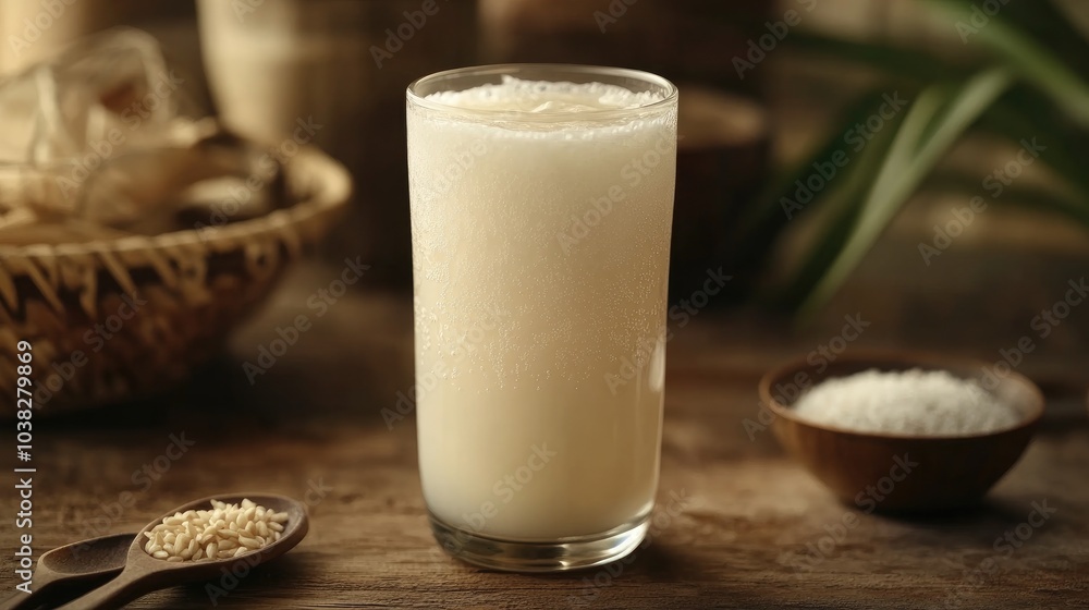 Refreshing rice water drink for weight loss on rustic table Refreshing rice water drink for weight loss on rustic table